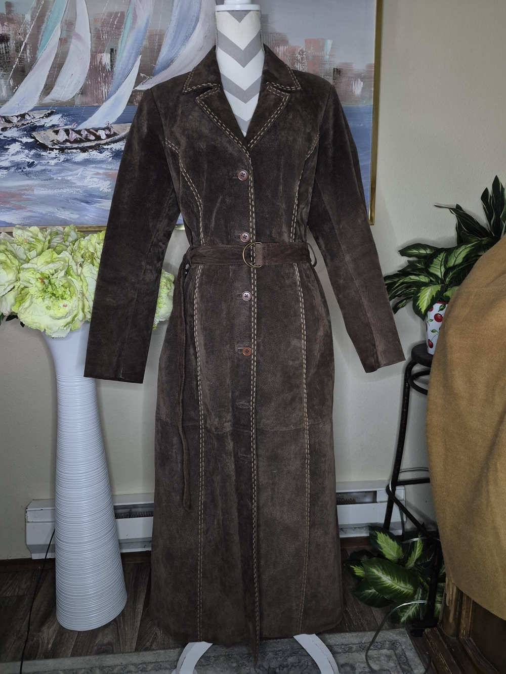 Vintage Mossimo Long Dark Brown Suede Belted Trench Coat